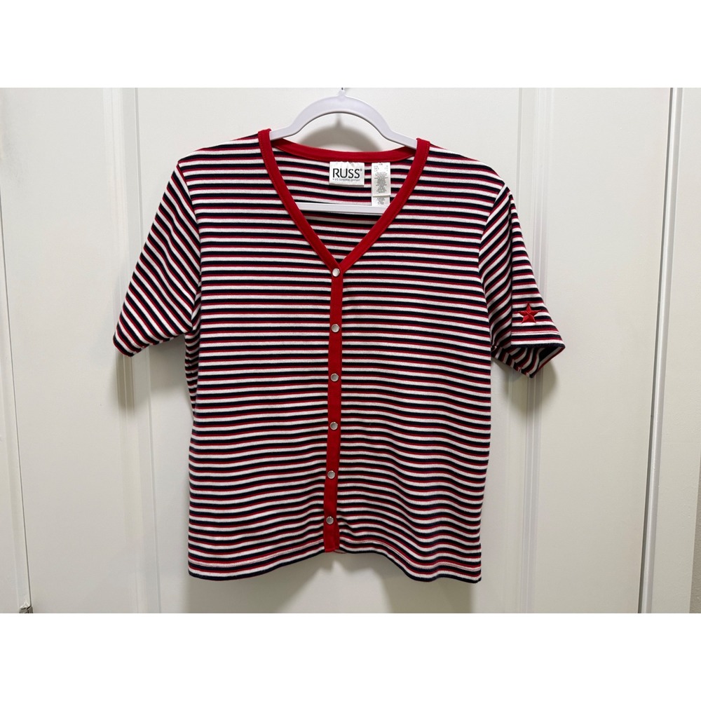 Russ Liz Claiborne‎ Red White Blue Striped Button Front Short Sleeve Top Small